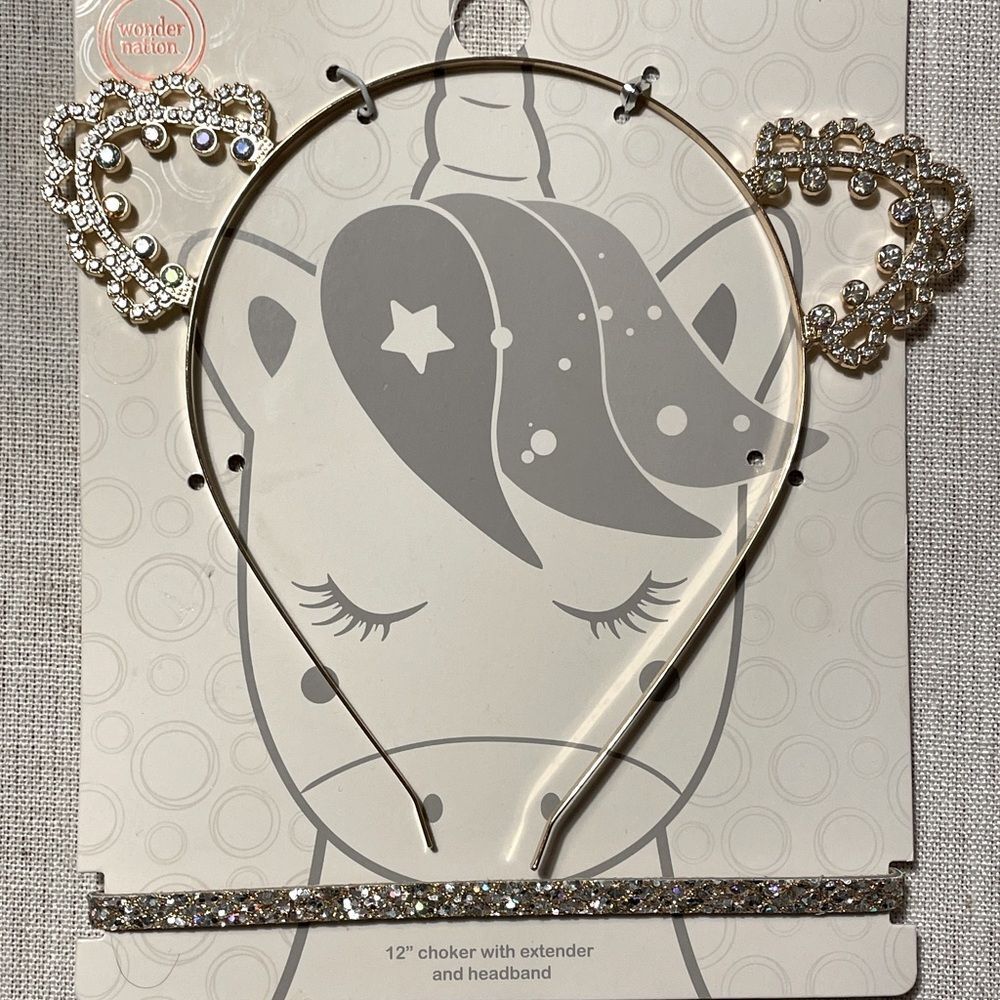 Silver and Gold Headband with ears and sparkly rhinestone Choker Set for girls
